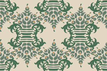 Damask Ikat floral seamless pattern. flower embroidery. design for fashion women, texture, fabric, clothing, wrapping paper, curtains, and decoration. vintage wallpaper