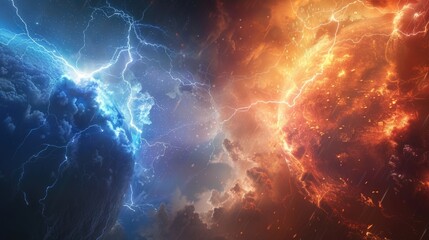 Earth apocalypse concept. Fire and ice space lightnings