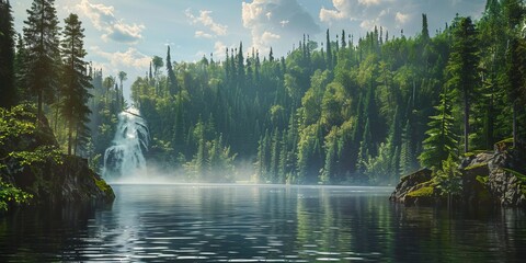 Beautiful views of the forest and lake with a waterfall.