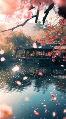 Asian garden with sakura trees and pond. Landscape with cherry blossom falling in lake with bokeh light. Springtime fine art background.