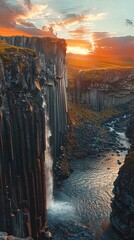 Sunset glow over a scenic waterfall's basalt columns Generative AI image