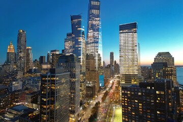 New York City famous view from drone. Night New York City from above. Night New York panorama, NYC...