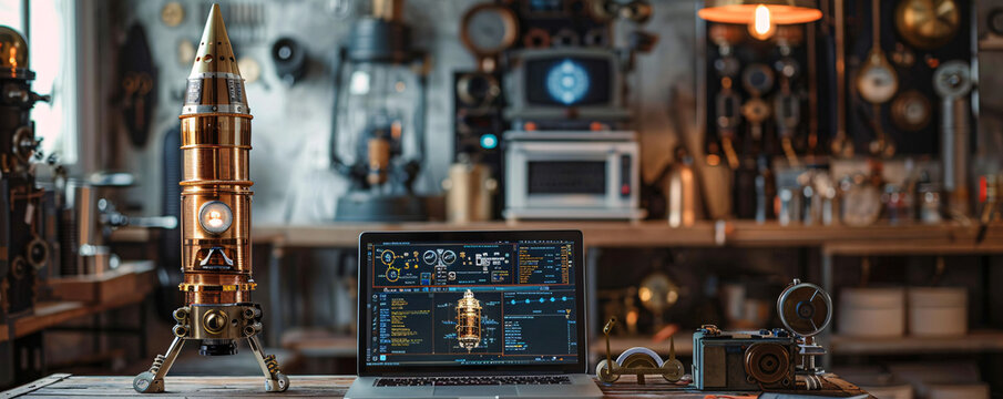In a scene reminiscent of a Victorian-era laboratory, a steampunk space rocket is poised for liftoff, its brass fittings and rivets contrasting against the minimalist background. A laptop screen