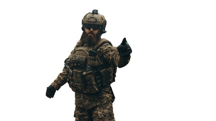 Fototapeta premium PNG Image of soldier in uniform pointing