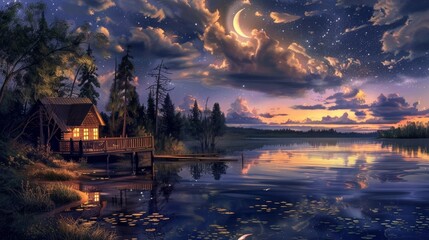 Depict a lakeside retreat at night, with a tranquil lake reflecting the starry sky, crescent moon, and clouds above. Generative AI