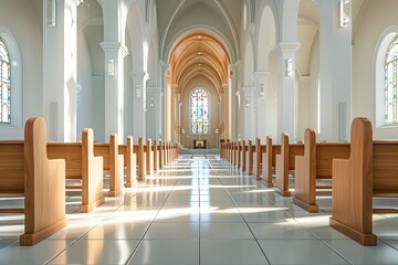 The church is empty and the sun is shining through the stained glass windows