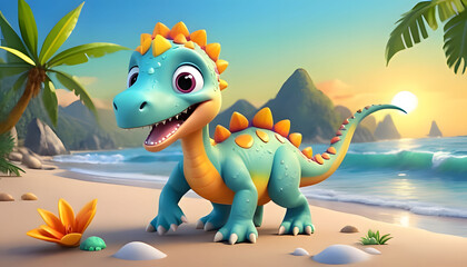 Dinosaurs in the Triassic period age in the green grass land and blue sky background, Habitat of dinosaur, history of world.