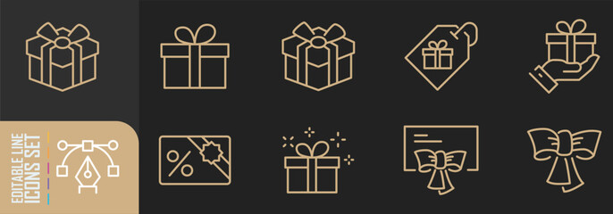 A simple set of gifts Linked vector line icons. Contains icons such as gift card, present offer, ribbon and more. Editable move.