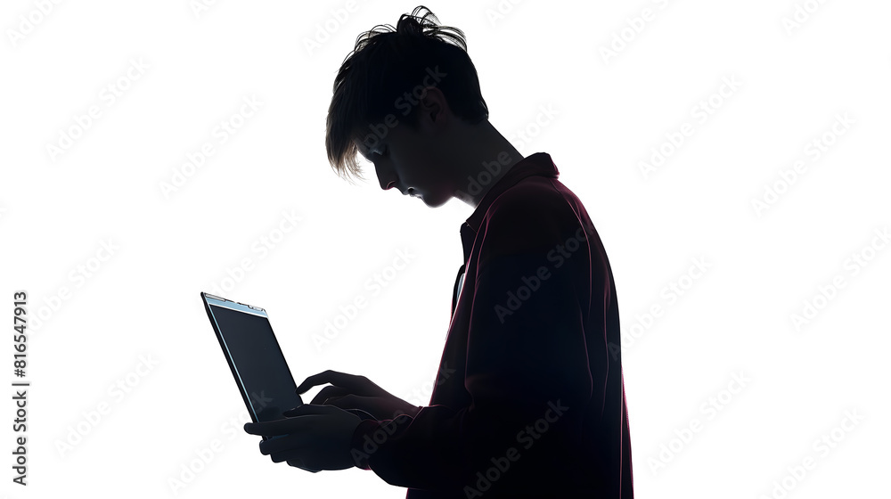 Poster silhouette of young man using laptop on white background : generative ai