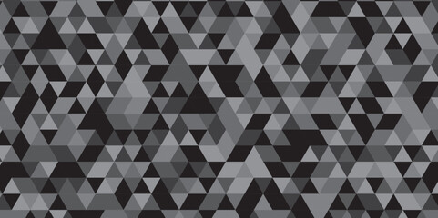 Abstract geometric black and gray background seamless mosaic and low polygon triangle texture wallpaper. Triangle shape retro wall grid pattern geometric ornament tile vector square element.