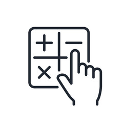 Accounting and finance concept. Hand pointing with finger on calculator editable stroke outline icon isolated on white background flat vector illustration. Pixel perfect. 64 x 64.