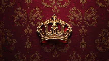 Create a regal insignia with a gleaming golden crown adorned upon a rich burgundy background, evoking a sense of majesty and sophistication.