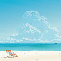 Tropical blue sea with beach and chair graphic illustrated have blue sky square background. Seascape have blank space.