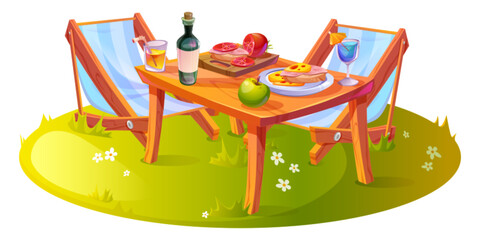 Table with food for picnic party in summer garden. Outdoor backyard patio with desk and chair landscape icon. Buffet dinner on street with sandwich and alcohol cocktail. Outside lunch isolated scene
