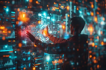 A programmer working with a holographic screen, engaging with advanced technology and futuristic interfaces to code and analyze data
