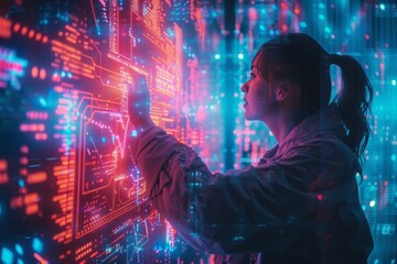 A programmer working with a holographic screen, engaging with advanced technology and futuristic interfaces to code and analyze data