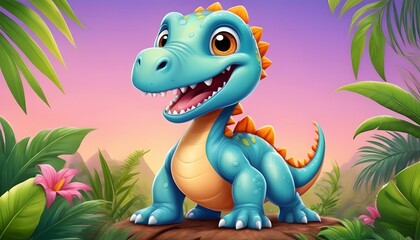 Dinosaurs in the Triassic period age in the green grassland and blue sky background, Habitat of dinosaurs, history of the world.