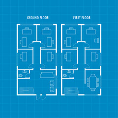 Blueprint two storey house plan drawing. Figure of jotting sketch of construction and industrial skeleton of structure. Apartment ground and first floor plan.