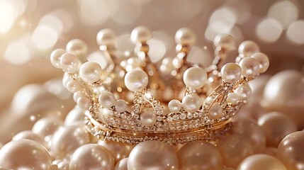 Design a royal insignia featuring a sumptuous crown crafted from lustrous pearls, against a backdrop of shimmering champagne gold, embodying classic luxury.