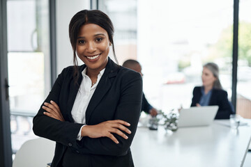 Black woman, portrait and accountant with confidence, ambition or corporate career at office. African, female person or professional financial advisor with smile, arms crossed or business development