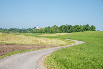 walkway in rural landscape with fields beside, towards Andechs cloister, upper bavaria
