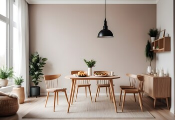 Cozy home living room interior with eating table and chairs, and stylish furniture. Mockup wall