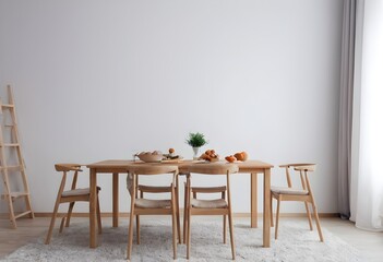 Fototapeta premium Cozy home living room interior with eating table and chairs, and stylish furniture. Mockup wall