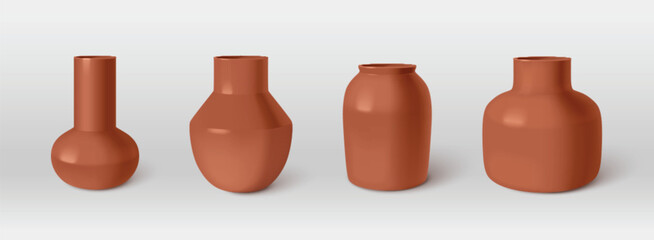 3d brown ceramic flower pot. Terracotta vase isolated porcelain tube. cylinder pipe bottle collection. Decorative pottery sculpture empty mockup. Vertical tall clay vessel or urn render design.