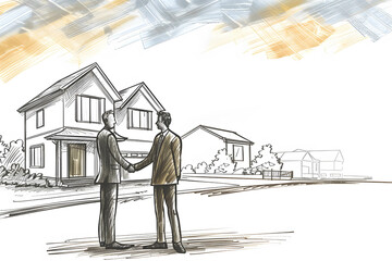 sketch of Businessman shaking hands with a client in front of a high-value property, emphasizing good location in real estate, investing in property, demand and supply in residence