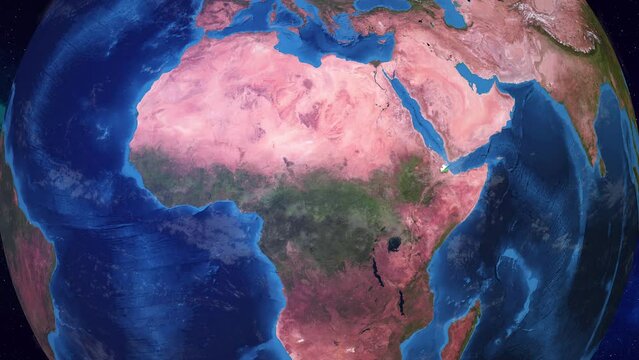 Realistic 3D Animation of Earth zooming in to  Djibouti with its border highlighted with its National Flag in 4K