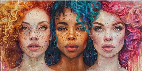 Obraz premium artistic illustration of four women with vibrant hair colors and freckles, symbolizing unity in diversity