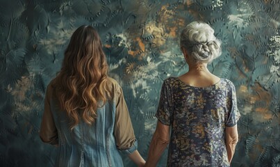 Young woman holding hands with mother and grandmother in front of wall