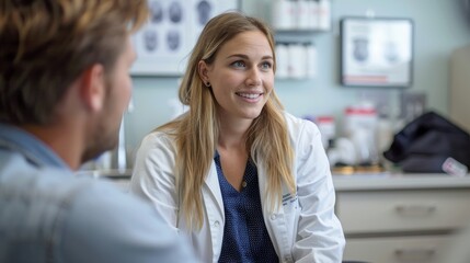 Female podiatrist consulting with male patient in clinic office about foot care