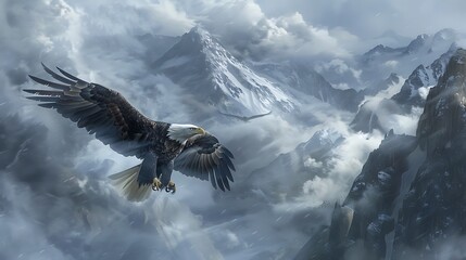 High above the mist-shrouded mountains, a bald eagle glides on thermals, its keen eyes scanning the landscape below, 