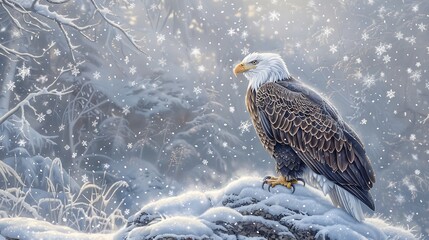 In the heart of a winter wonderland, a bald eagle stands sentinel on a snow-covered perch, its pristine plumage blending seamlessly with the frost-kissed landscape,