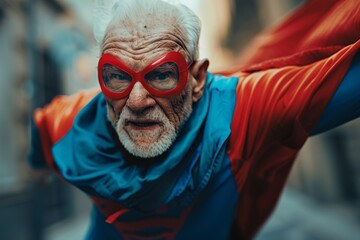 Energetic senior superhero with dynamic pose and speed effect