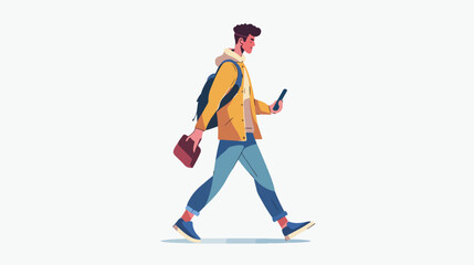 Guy uses smartphone on the go. Man walking holding mo