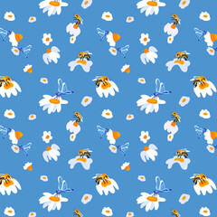 Summer background daisy bee Light blue seamless pattern spring white meadow flower ornament wrapping fabric wallpaper textile mosaic
