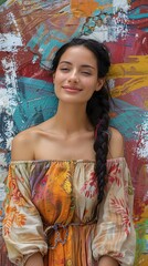 Smiling woman holding braid near wall