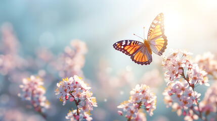 Beautiful blue-yellow butterfly in flight and blossoming apricot tree branch in spring at sunrise