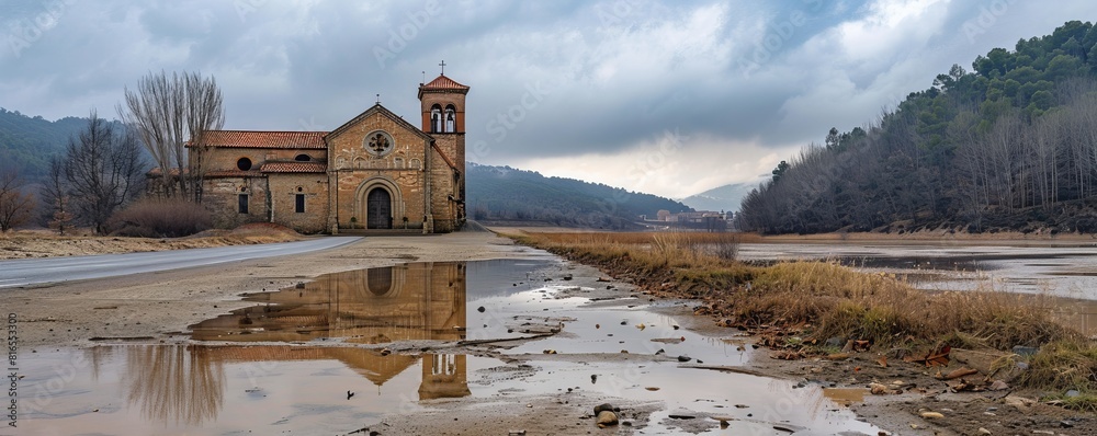 Wall mural The church of San Roman de Sau on view after being flooded in the Sau reservoir, Panta de Sau, due to Catalonia's biggest drought in history - Wall murals