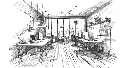 Hand drawn coworking cluster. Modern office interiors
