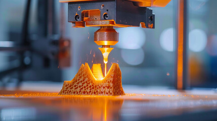 A 3D printer nozzle depositing layers of molten filament to build a small-scale architectural model precision and detail achievable with modern 3D printing technology.