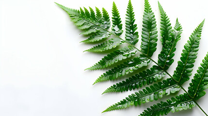 A Delicate Fern Leaf with Morning Dew Isolated on White Background: A Photo Realistic Showcase of Intricate Fronds and Lush Green Color for Nature Garden or Educational Content on 