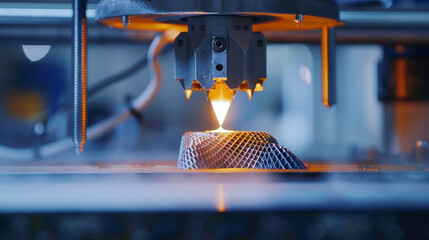 A close-up shot of a 3D printer nozzle depositing layers of molten filament to build a small-scale architectural model highlighting the precision and detail achievable with modern 3D printing 