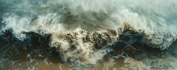 Aerial view of wave crashing along the shore of the Hamptons, Southampton, New York, United States.