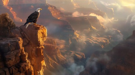 Nestled within a rugged canyon, a bald eagle surveys its domain from the lofty heights of a weathered cliff, the rugged terrain below bathed in the warm glow of early morning light