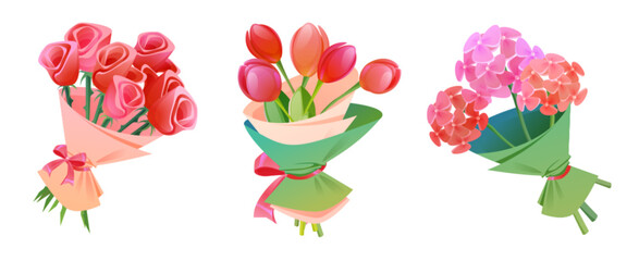 Bunch of tulip flower, floral gift bouquet cartoon. Cute spring rose and hydrangea bloom cut for valentine in garden. Fresh botanical decorative bud collection. Wrapped wedding plant icon bundle