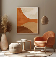 digital frame mockup to display your photography on any table, in the style of childlike illustrations, organic geometric shapes, earthy textures, uhd image, light orange and dark beige