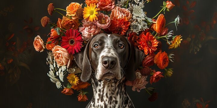 Portrait of a german shorthaired pointer wearing a floral headdress